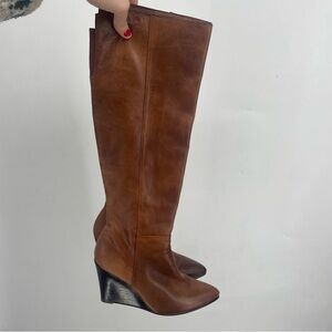 Stuart Weitzman Womens 10 Brown Leather Tall Wedge Boots Western Rodeo Heels Vtg